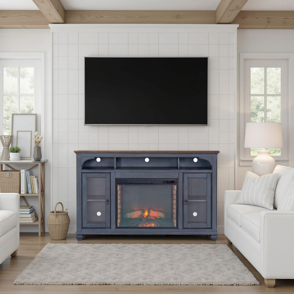 66 in Fireplace TV Stand for TVs up to 80 inches, Corduroy Blue Finish