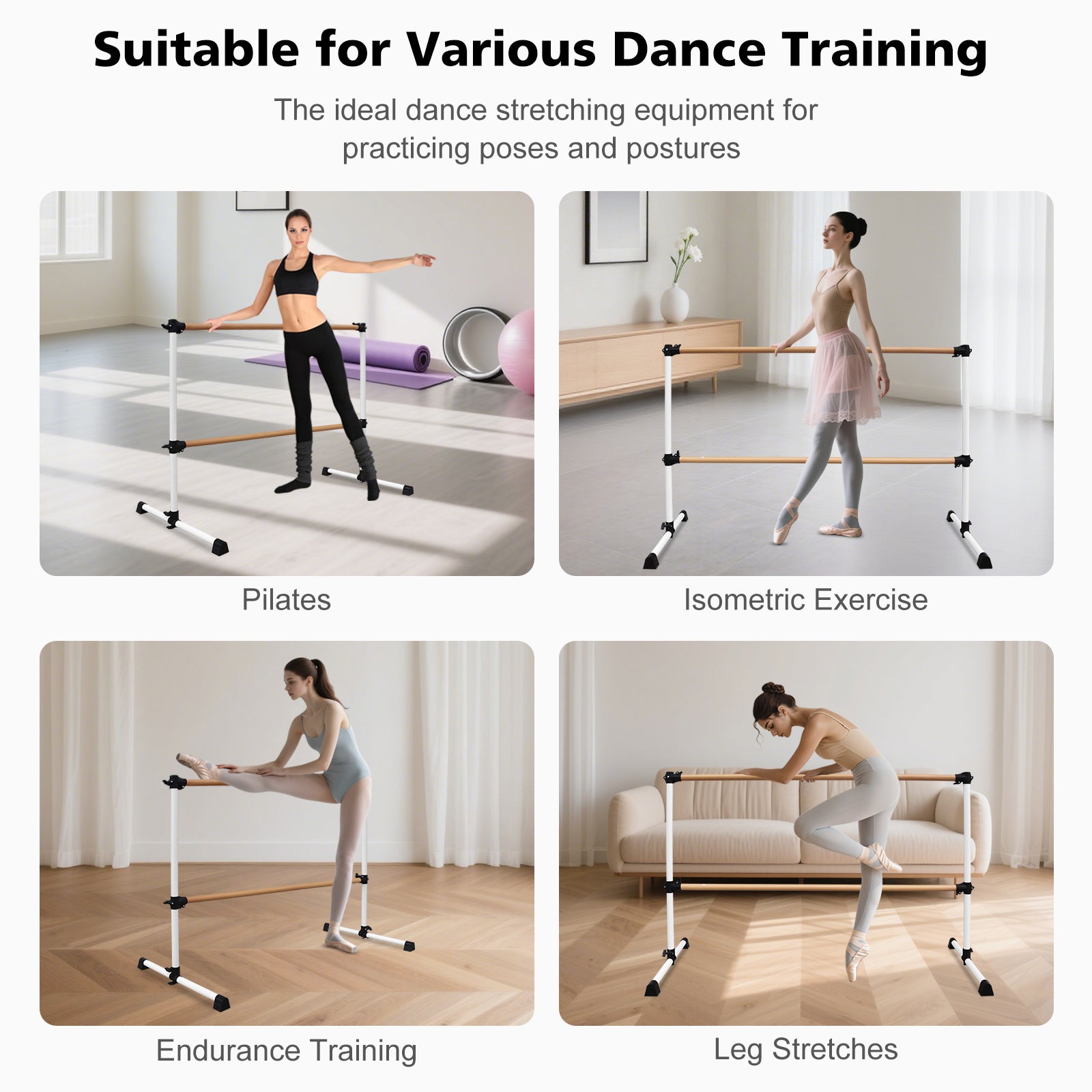 6FT White Solid Wood Ballet Barre With Adjustable Range Of 6.7-46 Inches For Dance Practice