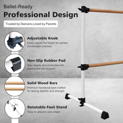 6FT White Solid Wood Ballet Barre With Adjustable Range Of 6.7-46 Inches For Dance Practice