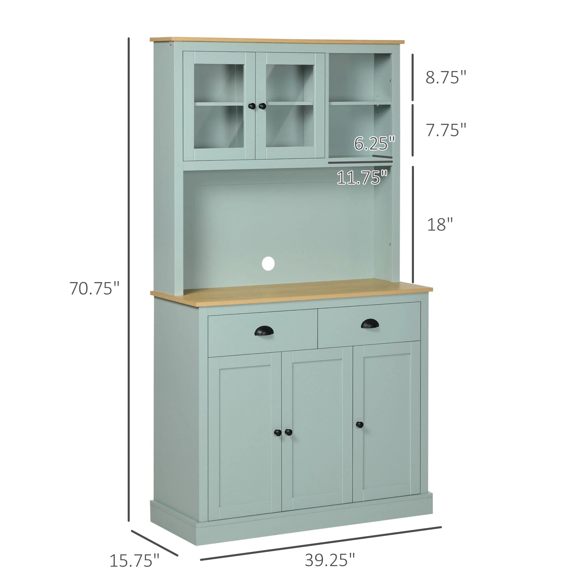 Light Blue Pantry Storage Cabinet Freestanding  Kitchen Buffet with Hutch with Drawers, Glass Doors, and Adjustable Shelves
