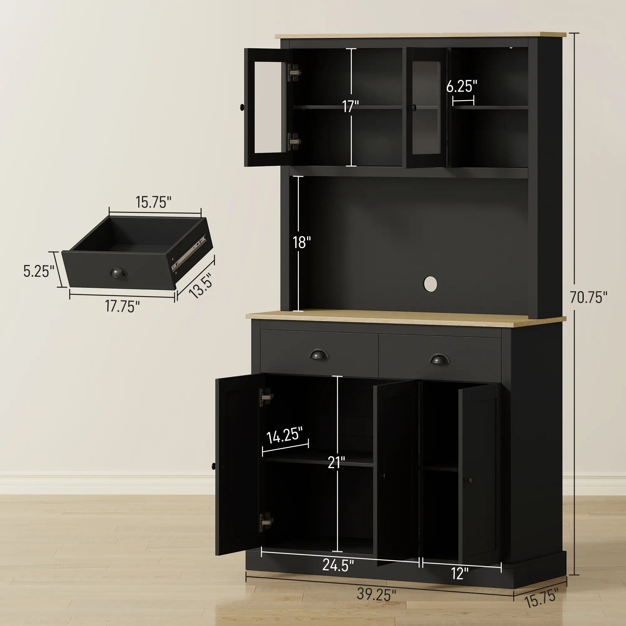 71" Tall Freestanding Kitchen Cabinet Black