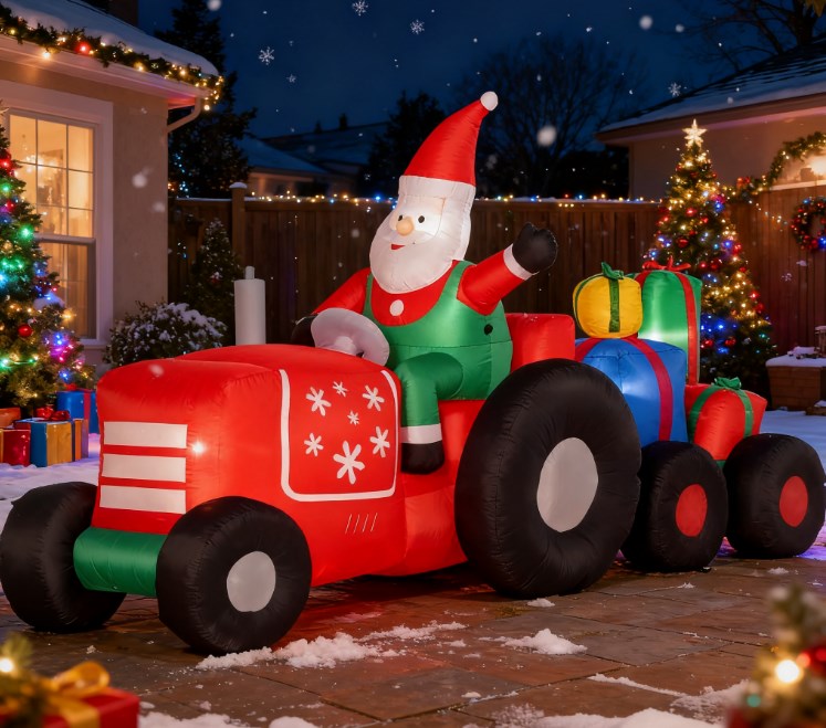 Inflatable Santa on Driving Trailer with Gift Load – Cheerful Outdoor Christmas Yard Decor for Festive Farmhouse Vibes