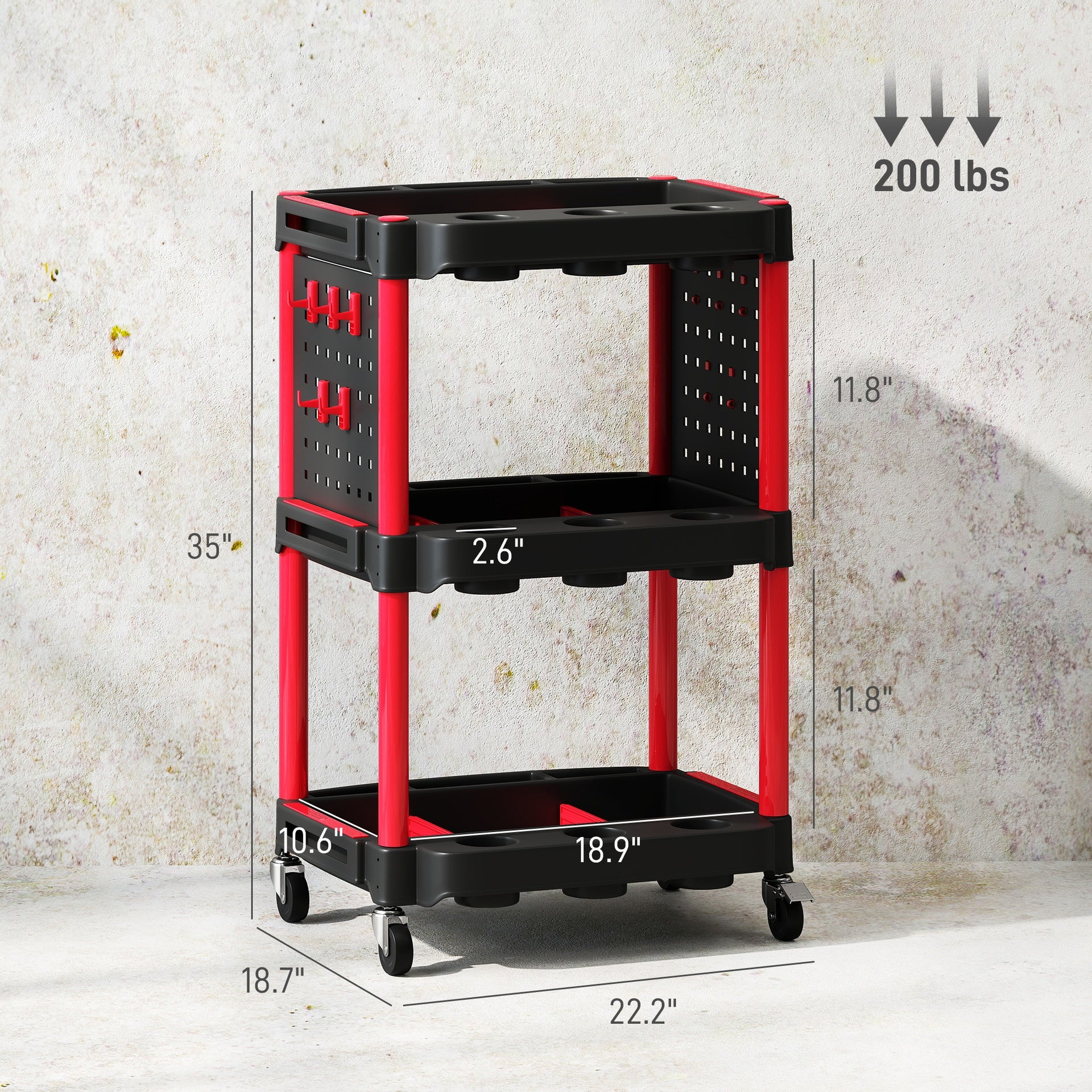 Capacity Plastic Utility Cart,3-Tier Rolling Tool Cart with Side Shelves for Garage, Workshop