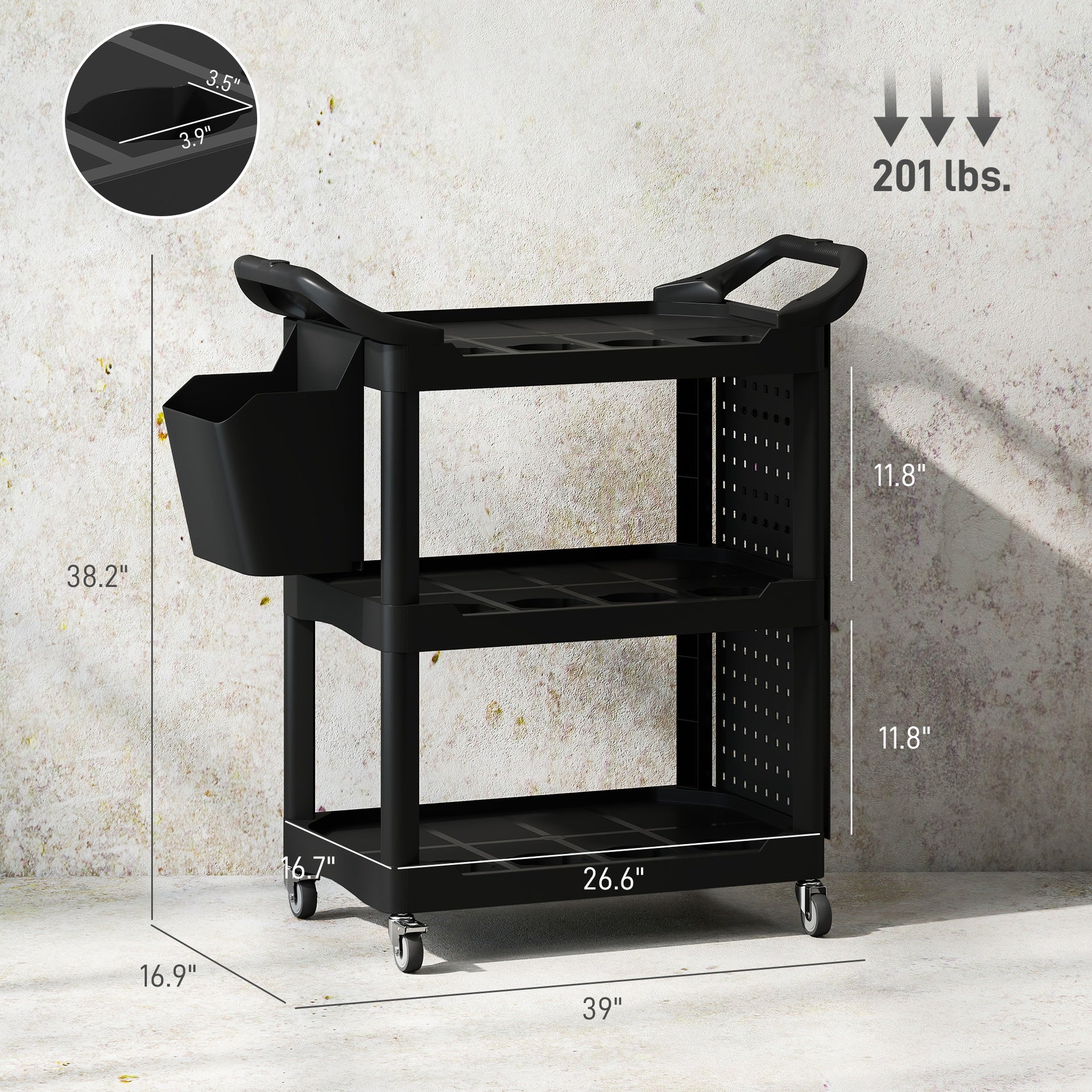 Capacity Plastic Utility Cart with Side Shelf and Storage Bucket,3-Tier Rolling Tool Cart