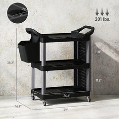3-Tier Rolling Tool Cart,Capacity Plastic Utility Cart with Side Shelf and Bucket