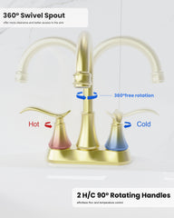 Bathroom Faucet Brushed Gold with Pop-up Drain & Supply Hoses 2-Handle 360 Degree High Arc Swivel Spout Centerset 4 Inch Vanity Sink Faucet