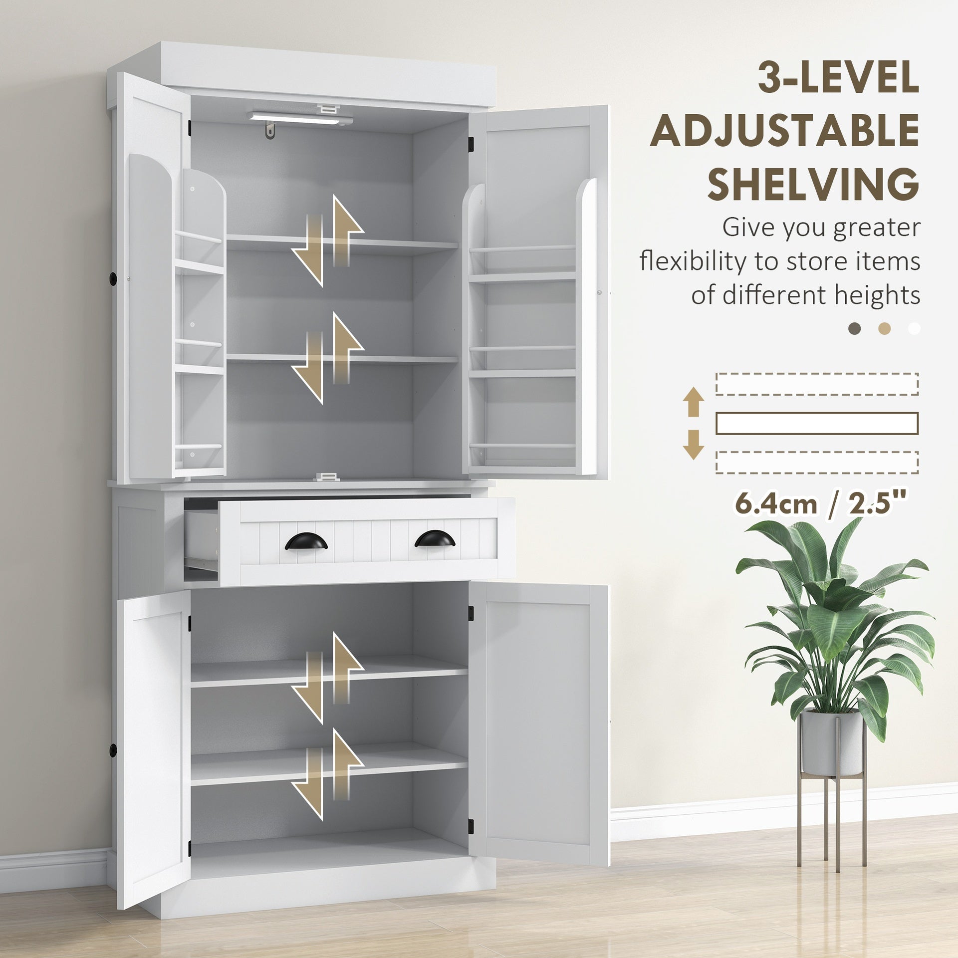 HOMCOM 71" Kitchen Pantry Cabinet with Motion Sensor Light, Tall Storage Cabinet with 6 Door Shelves, a Drawer & 4 Adjustable Shelves, for Living Room, Dining Room, White