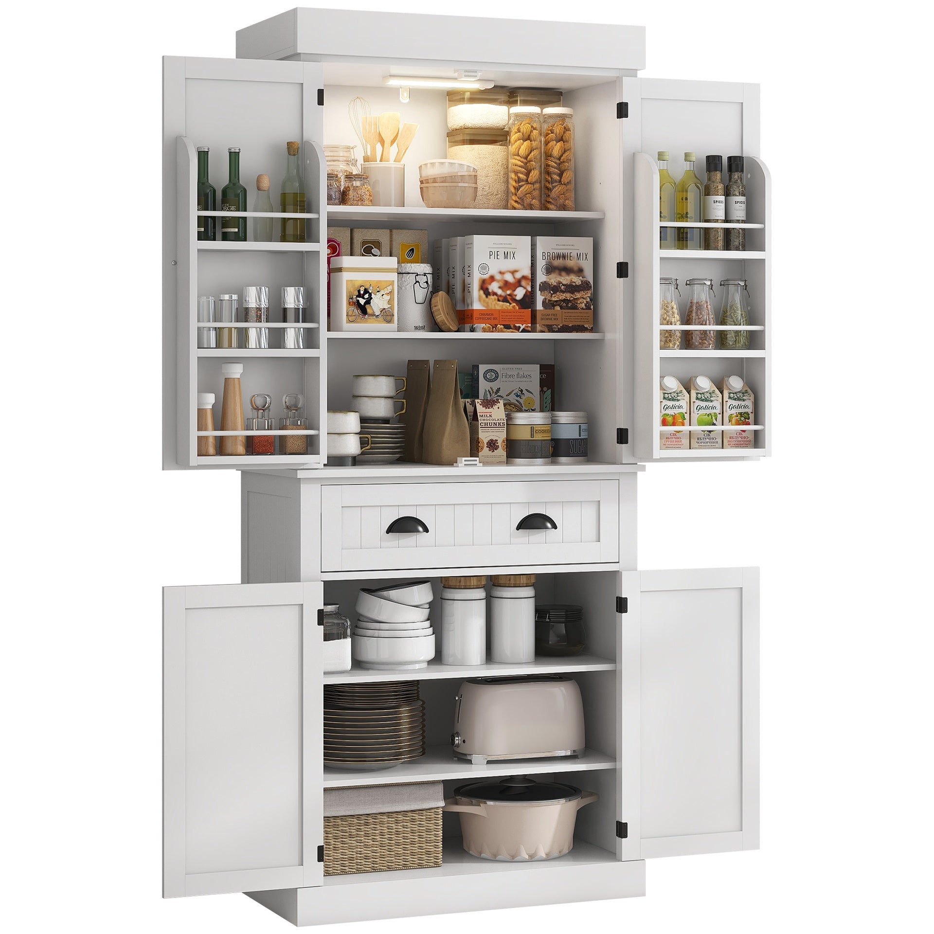HOMCOM 71" Kitchen Pantry Cabinet with Motion Sensor Light, Tall Storage Cabinet with 6 Door Shelves, a Drawer & 4 Adjustable Shelves, for Living Room, Dining Room, White