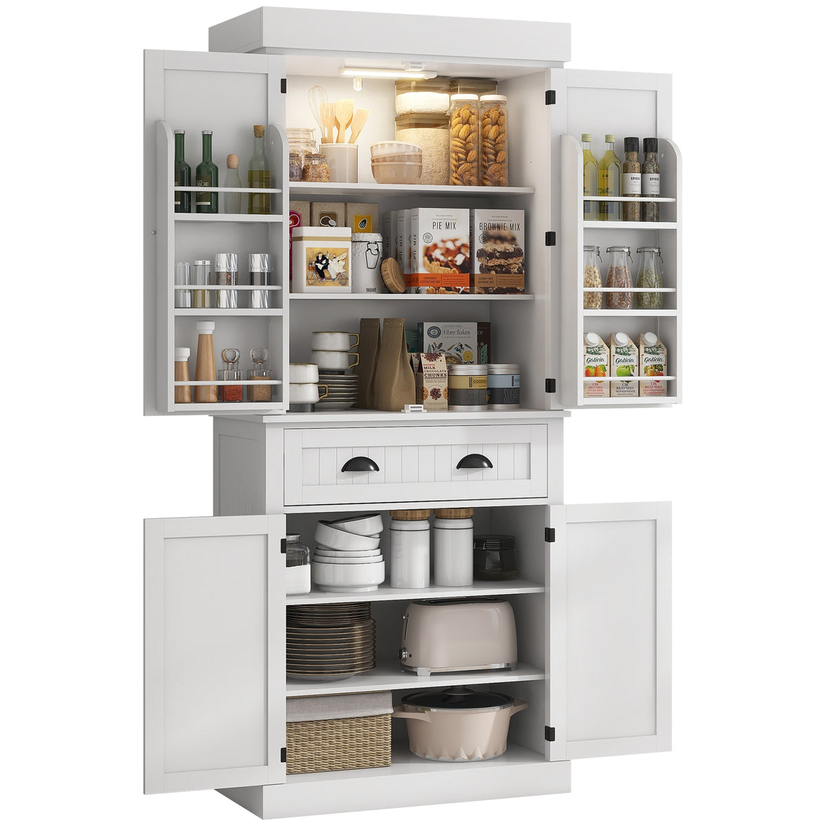 HOMCOM 71" Kitchen Pantry Cabinet with Motion Sensor Light, Tall Storage Cabinet with 6 Door Shelves, a Drawer & 4 Adjustable Shelves, for Living Room, Dining Room, White