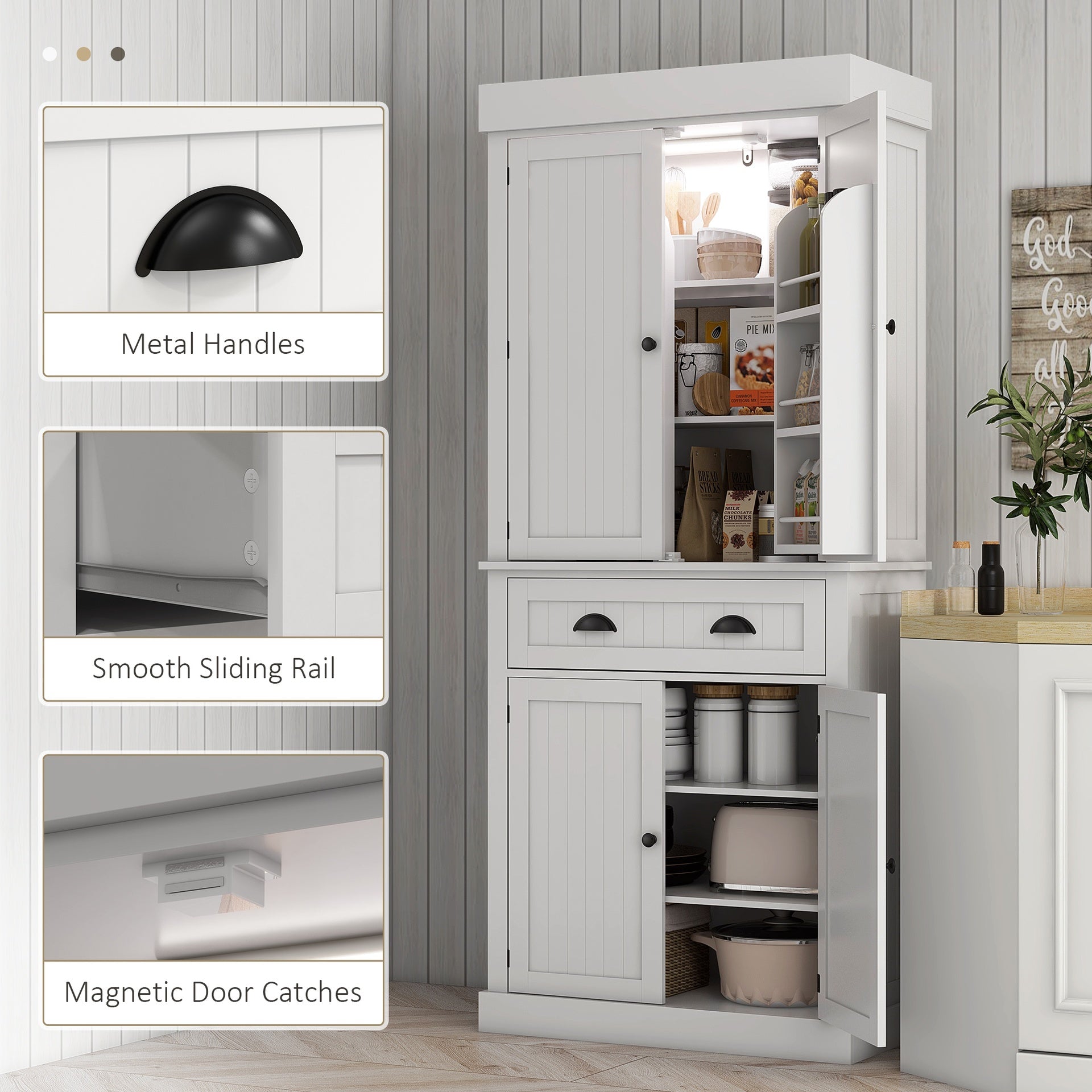 HOMCOM 71" Kitchen Pantry Cabinet with Motion Sensor Light, Tall Storage Cabinet with 6 Door Shelves, a Drawer & 4 Adjustable Shelves, for Living Room, Dining Room, White