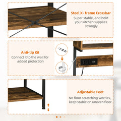HOMCOM Kitchen Bakers Rack with Power Outlet, USB Charger, Microwave Stand, Coffee Bar with Adjustable Shelves, 5 Hooks for Spices, Pots and Pans, Rustic Brown