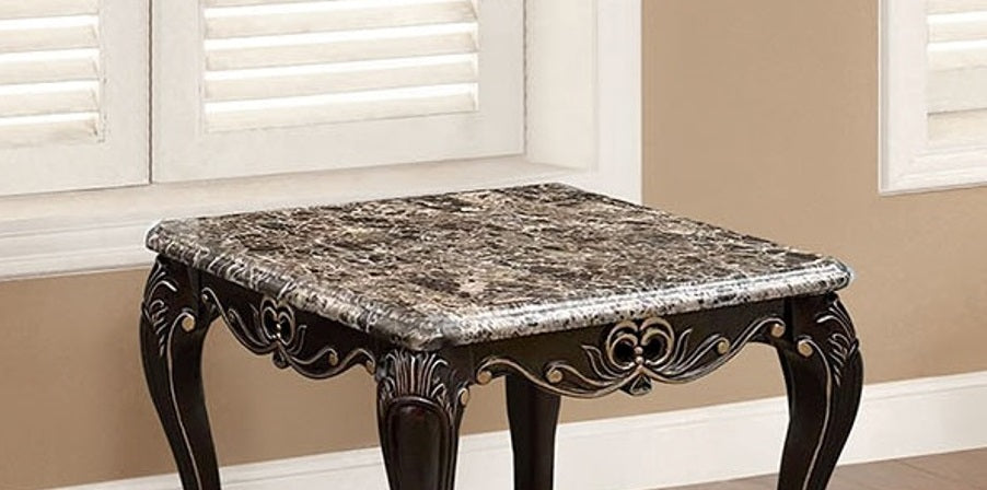 Square End Table Marble Top Cabriole Legs Golden Highlight Curved Details Transitional Style Dark Walnut Finish