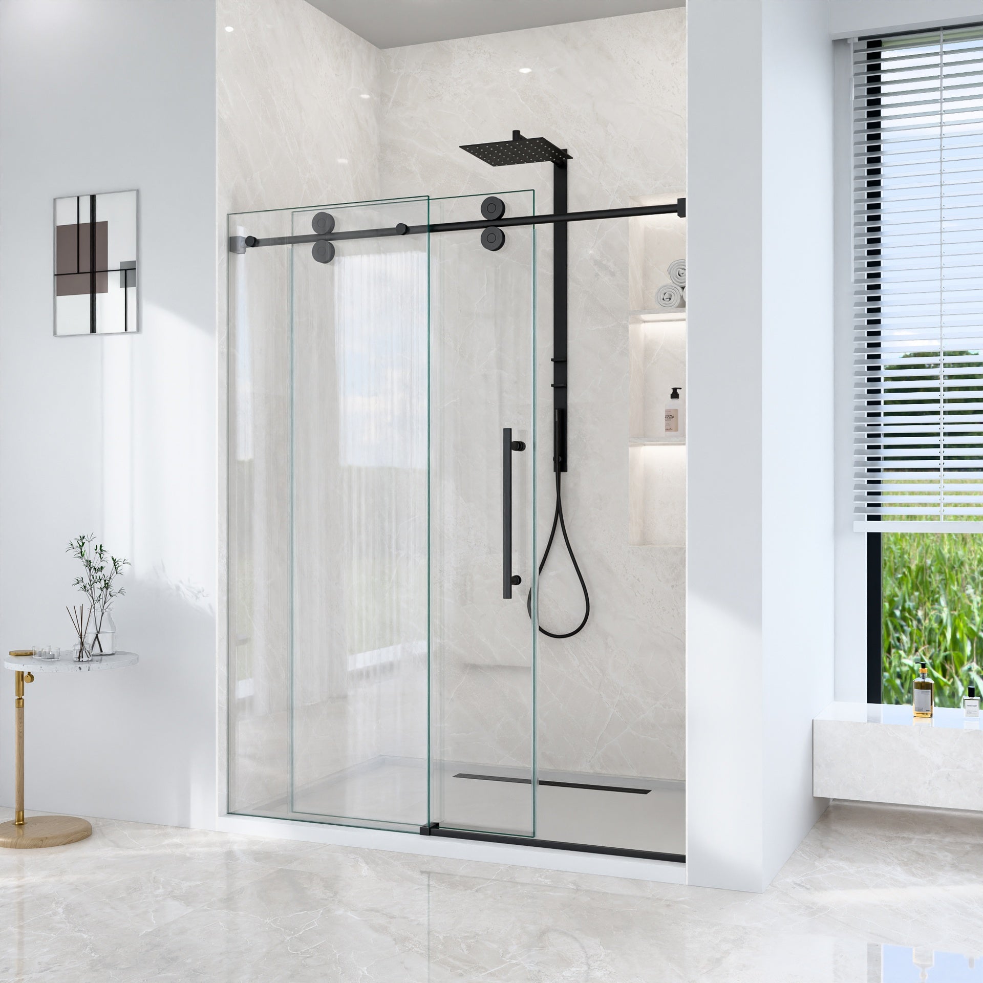 56"-60"W*72" H Frameless Single Sliding Shower Door – 5/16" (8mm) Clear Tempered Glass, Bypass Design with Matte Black Finish