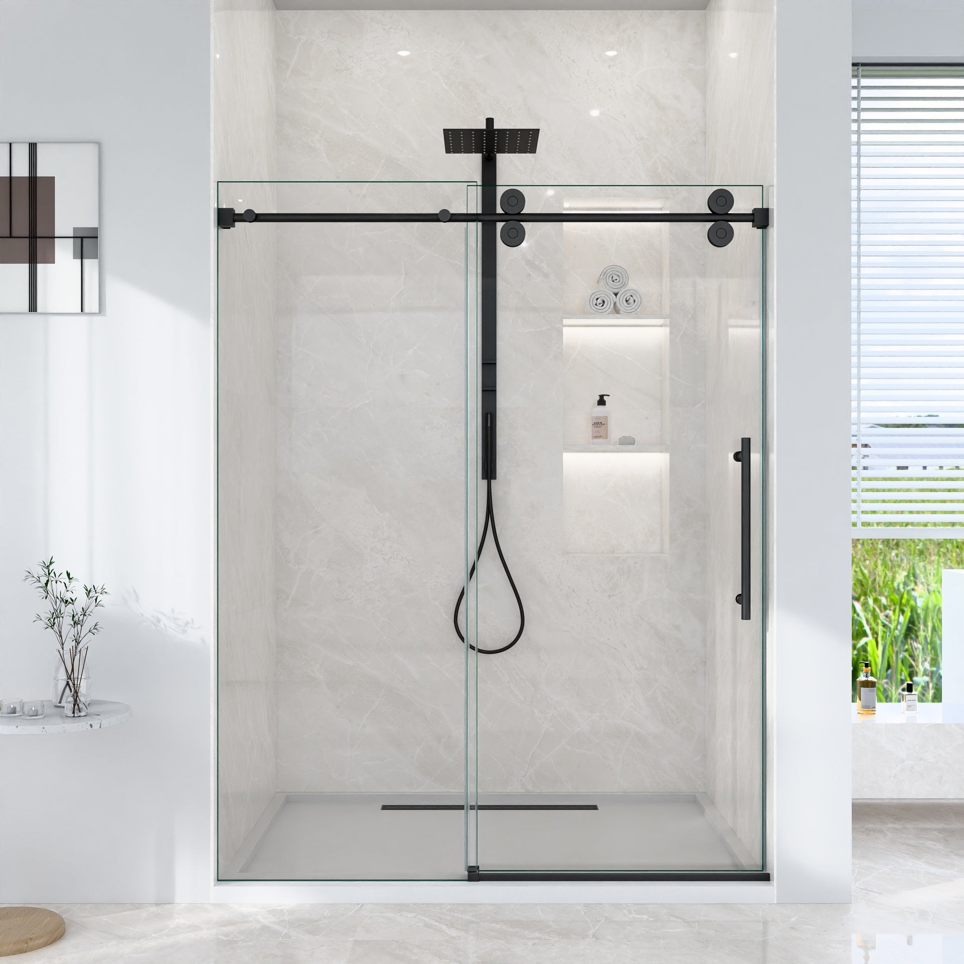 56"-60"W*72" H Frameless Single Sliding Shower Door – 5/16" (8mm) Clear Tempered Glass, Bypass Design with Matte Black Finish