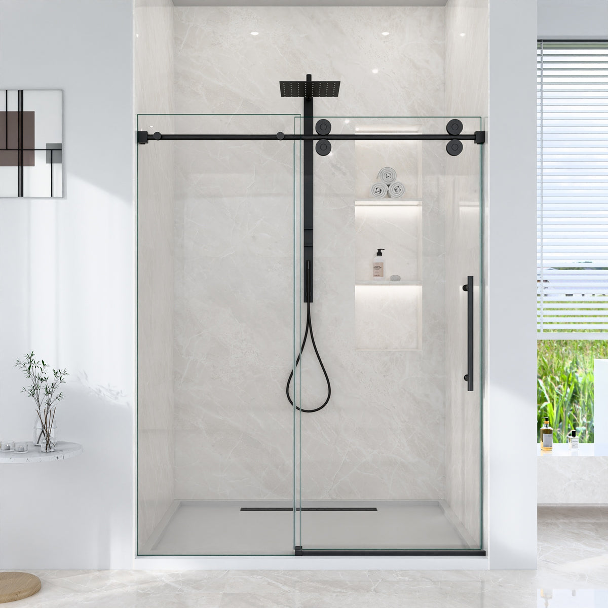 56"-60"W*72" H Frameless Single Sliding Shower Door – 5/16" (8mm) Clear Tempered Glass, Bypass Design with Matte Black Finish