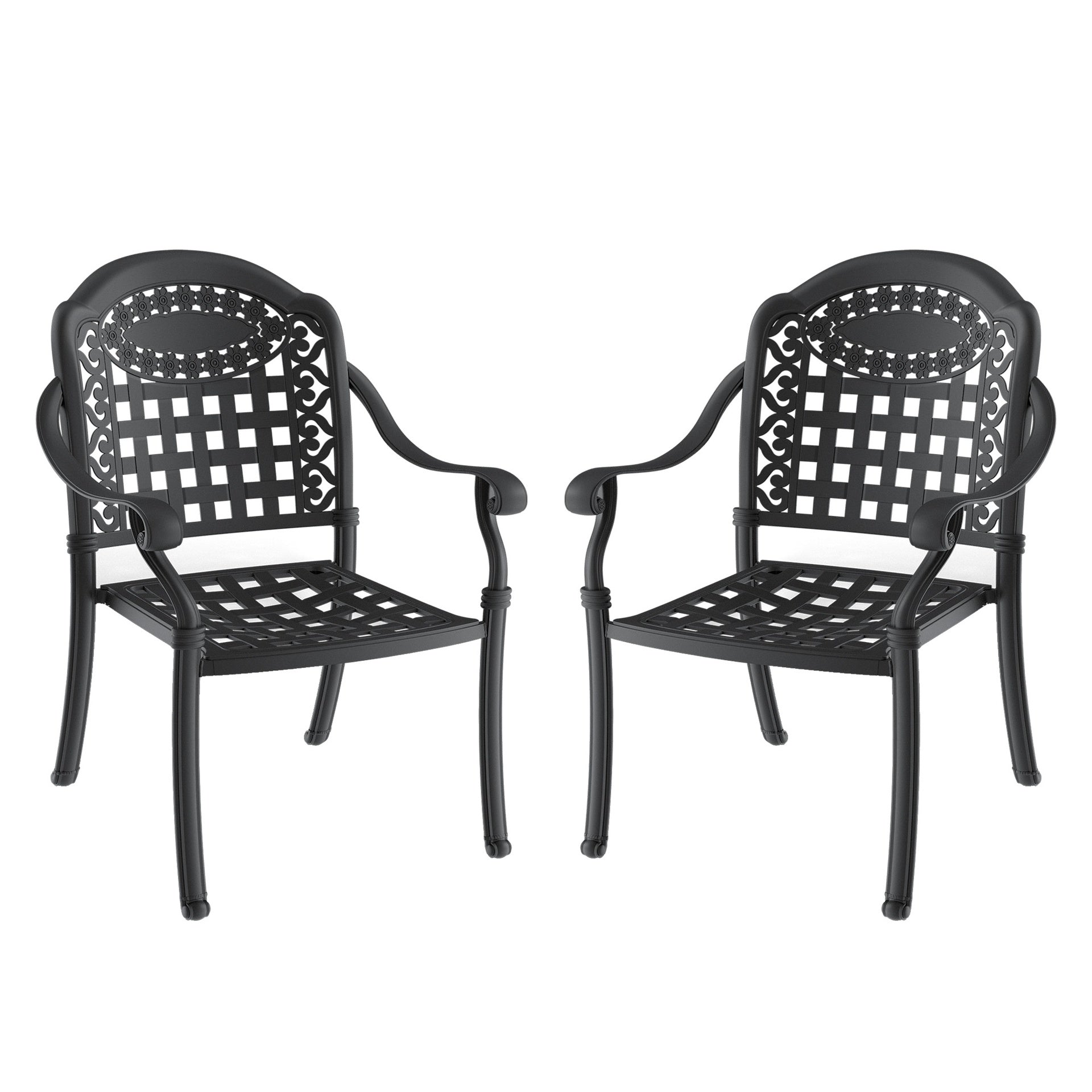 Cast Aluminum Patio Dining Chair 2PCS With Black Frame and Blue Cushions