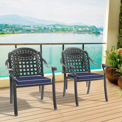 Cast Aluminum Patio Dining Chair 2PCS With Black Frame and Blue Cushions