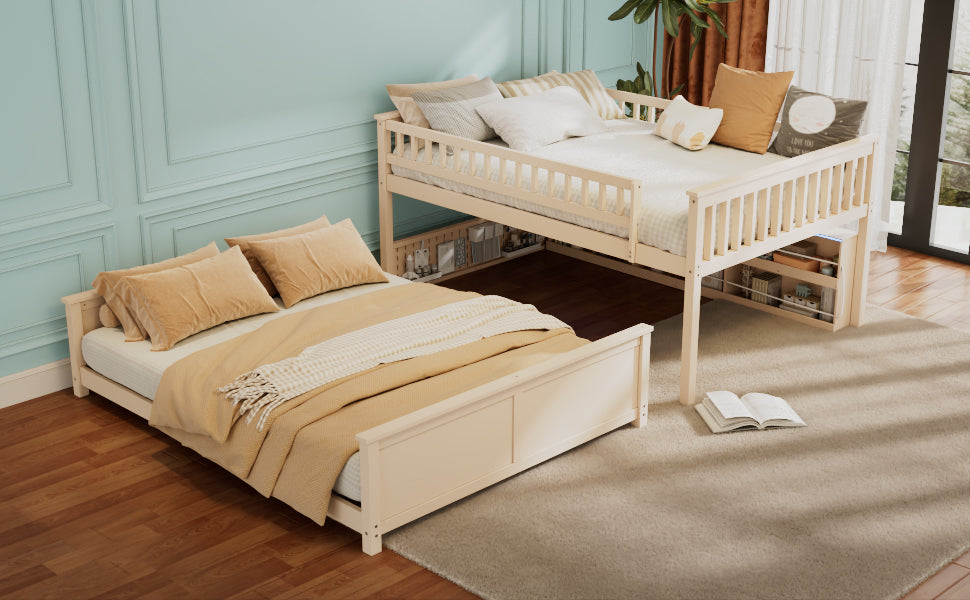 Full XL over Queen Bunk Bed with Integrated Shelving, Color-Changing Lights and Pegboard, Beige