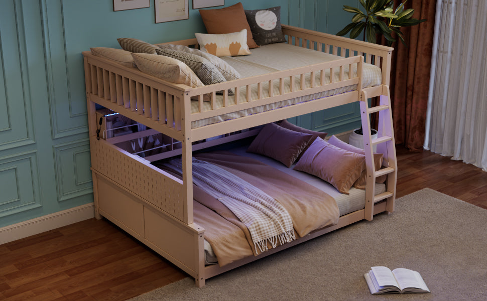 Full XL over Queen Bunk Bed with Integrated Shelving, Color-Changing Lights and Pegboard, Beige