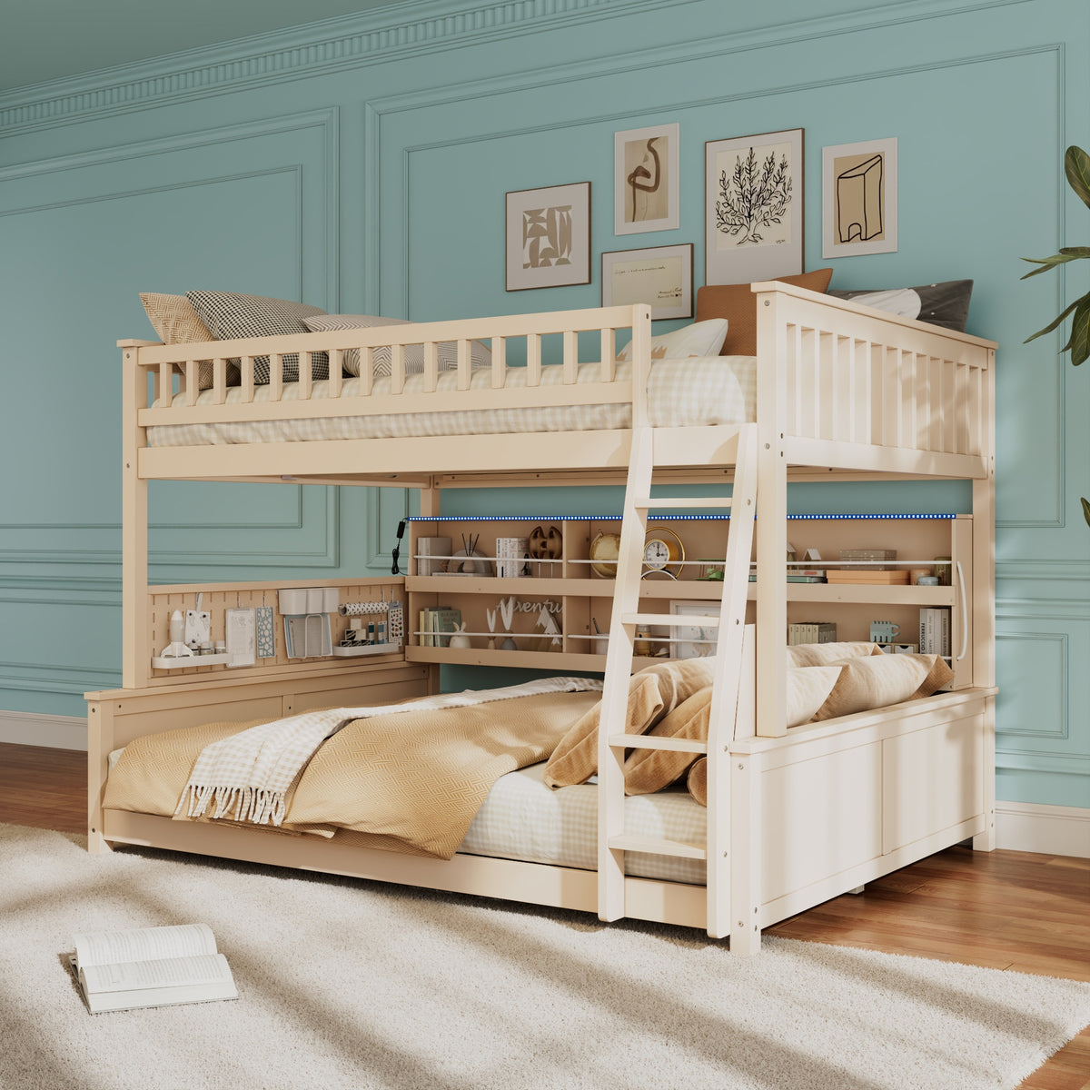 Full XL over Queen Bunk Bed with Integrated Shelving, Color-Changing Lights and Pegboard, Beige