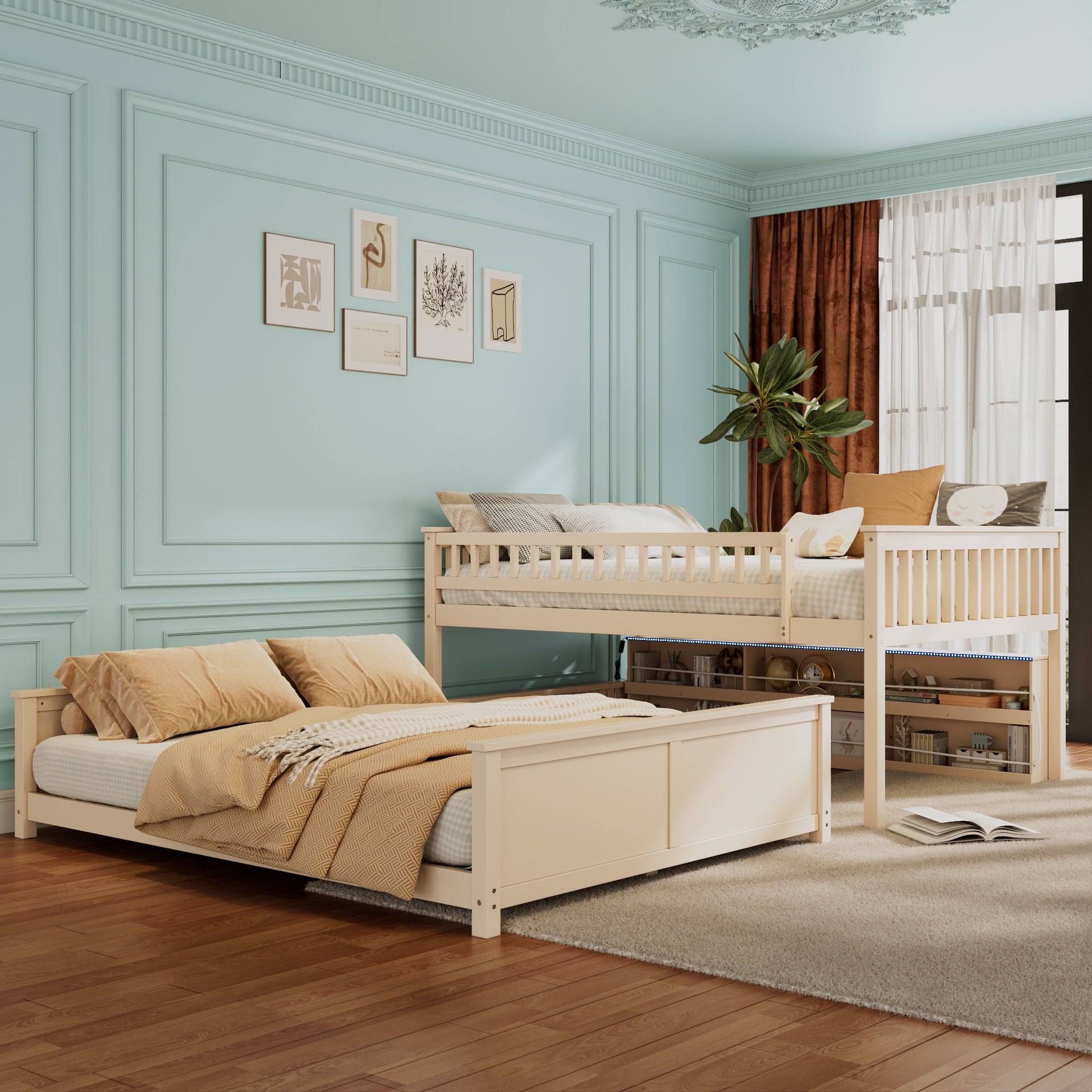 Full XL over Queen Bunk Bed with Integrated Shelving, Color-Changing Lights and Pegboard, Beige