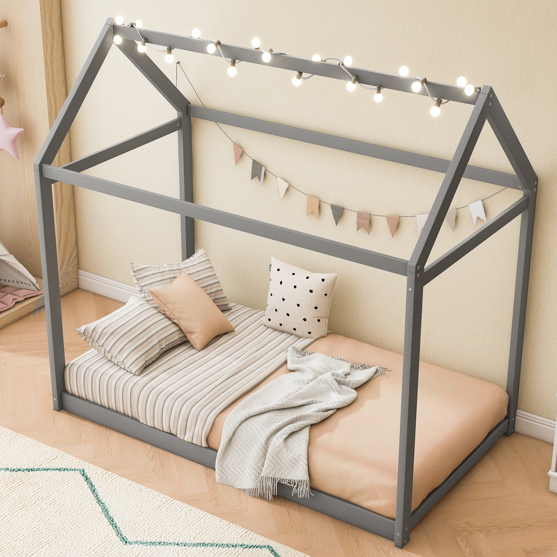 Twin Size Wooden House Bed, Gray