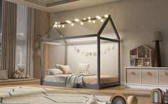 Twin Size Wooden House Bed, Gray