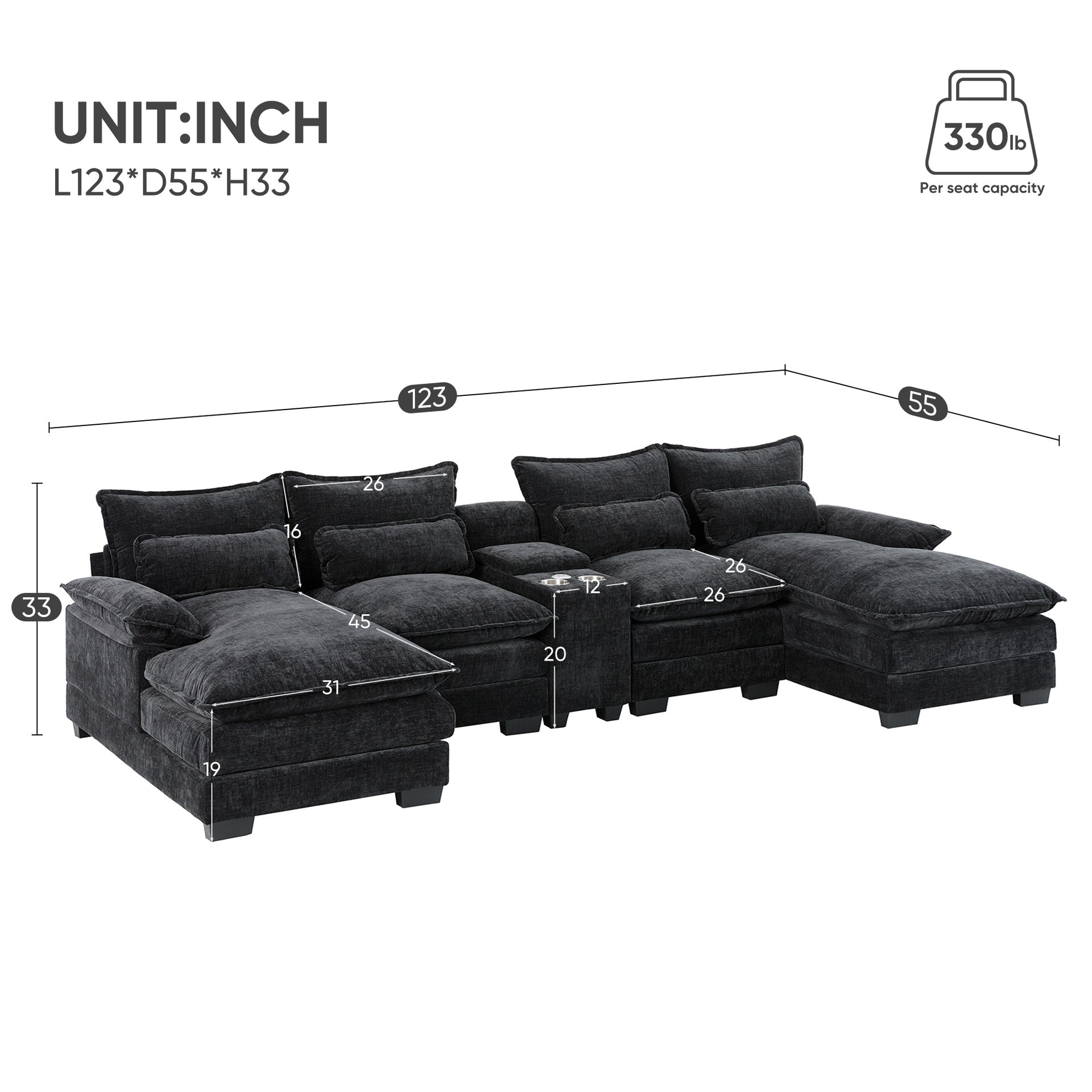 123*55"Modern U-shaped Sectional Sofa with Console,Cup Holders and USB Charger,6 Seat Upholstered Symmetrical Indoor Furniture,Comfy Chenille Cloud Couch with Chaise for Living Room,Apartment,5 Colors