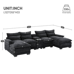 123*55"Modern U-shaped Sectional Sofa with Console,Cup Holders and USB Charger,6 Seat Upholstered Symmetrical Indoor Furniture,Comfy Chenille Cloud Couch with Chaise for Living Room,Apartment,5 Colors