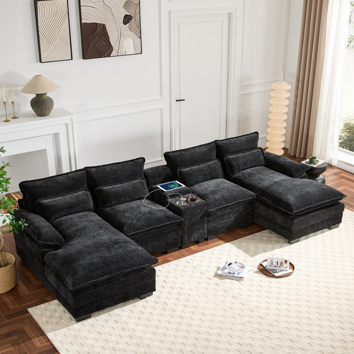 123*55"Modern U-shaped Sectional Sofa with Console,Cup Holders and USB Charger,6 Seat Upholstered Symmetrical Indoor Furniture,Comfy Chenille Cloud Couch with Chaise for Living Room,Apartment,5 Colors
