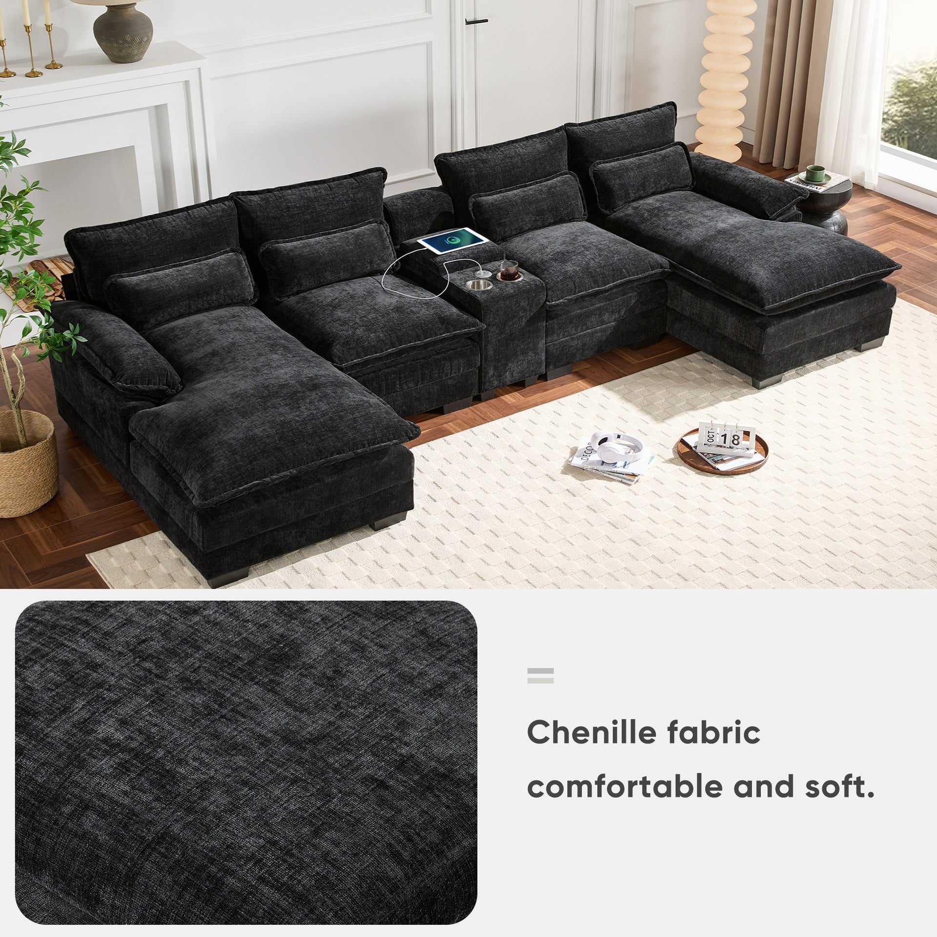 123*55"Modern U-shaped Sectional Sofa with Console,Cup Holders and USB Charger,6 Seat Upholstered Symmetrical Indoor Furniture,Comfy Chenille Cloud Couch with Chaise for Living Room,Apartment,5 Colors