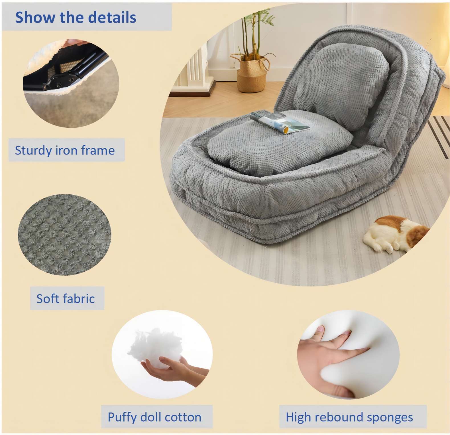 [VIDEO provided] Human Dog Bed ,Lazy Sofa Couch ,5 Adjustable Position,sit,sleep,fold,suit to put in bedroom, living room ,Space Saving Design,Gray