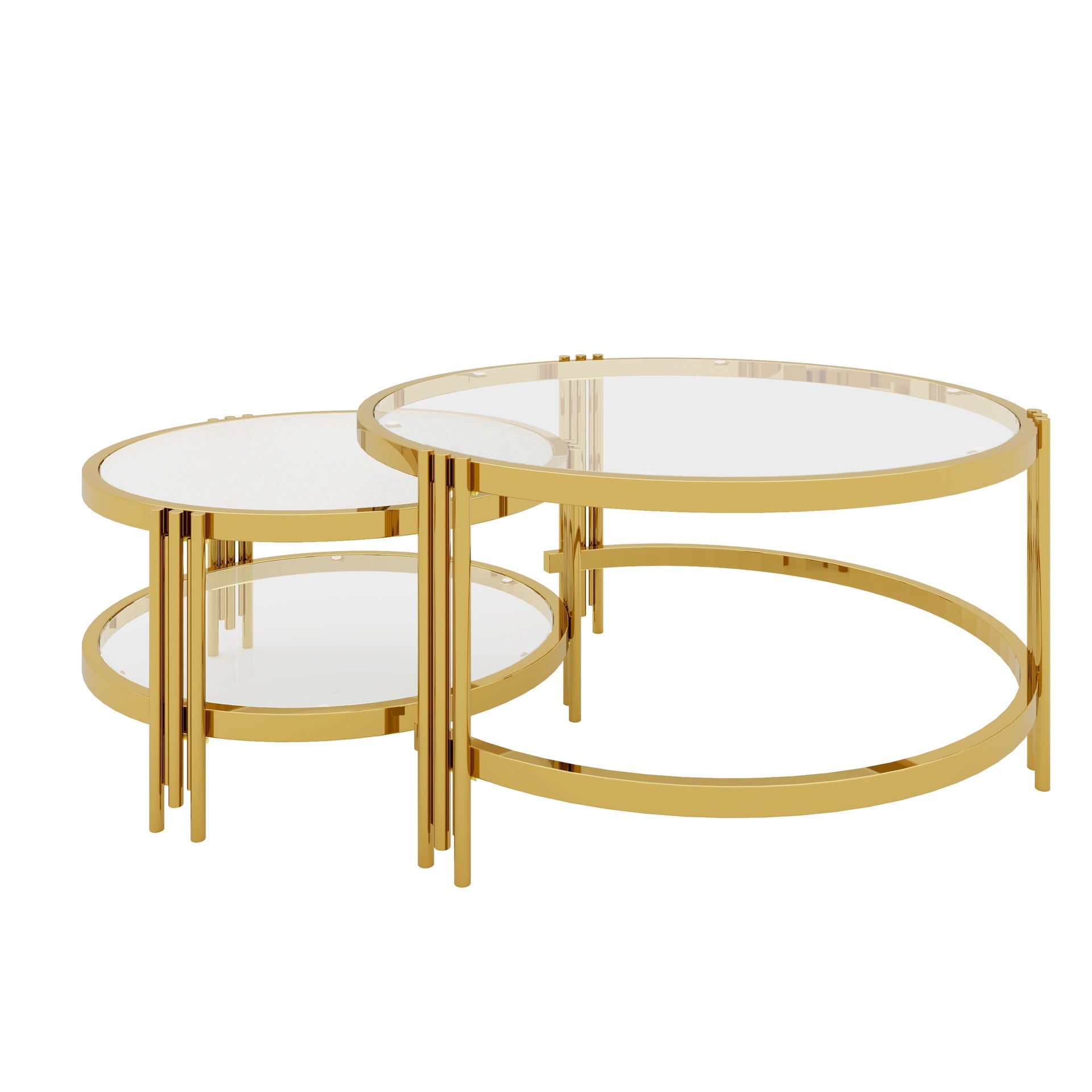 Modern 2 - Piece Gold Finish with Textured Glass Coffee Table Set, Nesting Coffee Table with Tempered Glass for Living Room, 32.75"