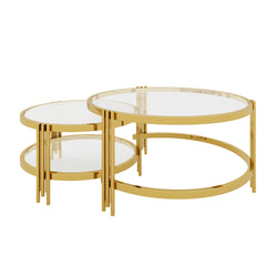 Modern 2 - Piece Gold Finish with Textured Glass Coffee Table Set, Nesting Coffee Table with Tempered Glass for Living Room, 32.75"