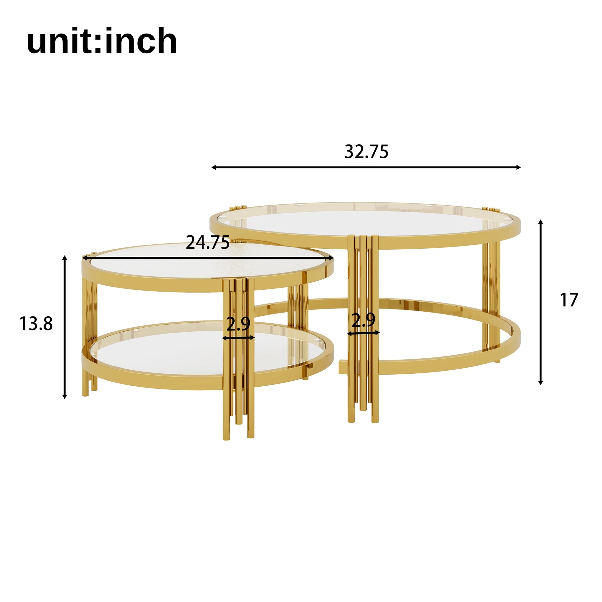 Modern 2 - Piece Gold Finish with Textured Glass Coffee Table Set, Nesting Coffee Table with Tempered Glass for Living Room, 32.75"