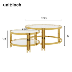 Modern 2 - Piece Gold Finish with Textured Glass Coffee Table Set, Nesting Coffee Table with Tempered Glass for Living Room, 32.75"