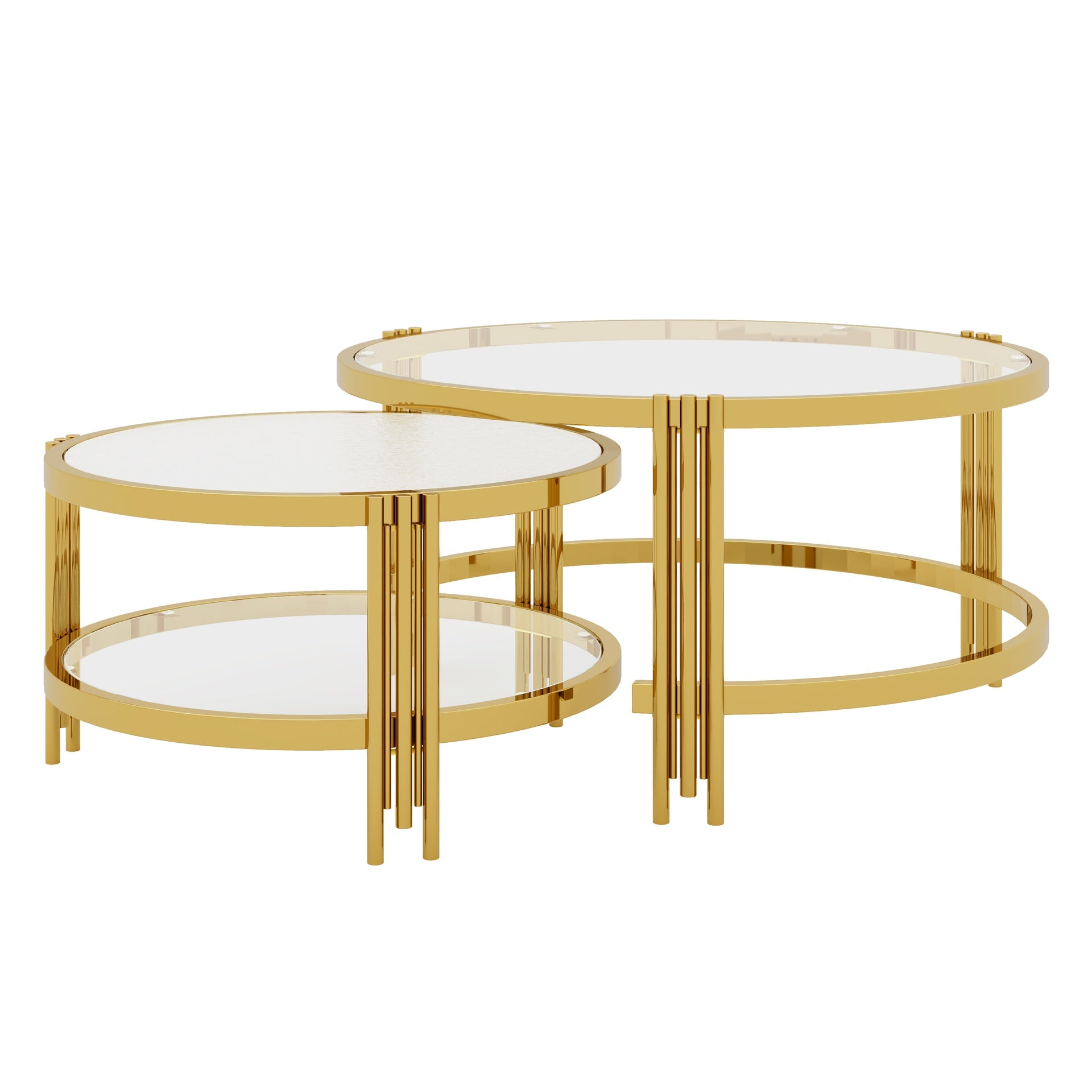 Modern 2 - Piece Gold Finish with Textured Glass Coffee Table Set, Nesting Coffee Table with Tempered Glass for Living Room, 32.75"