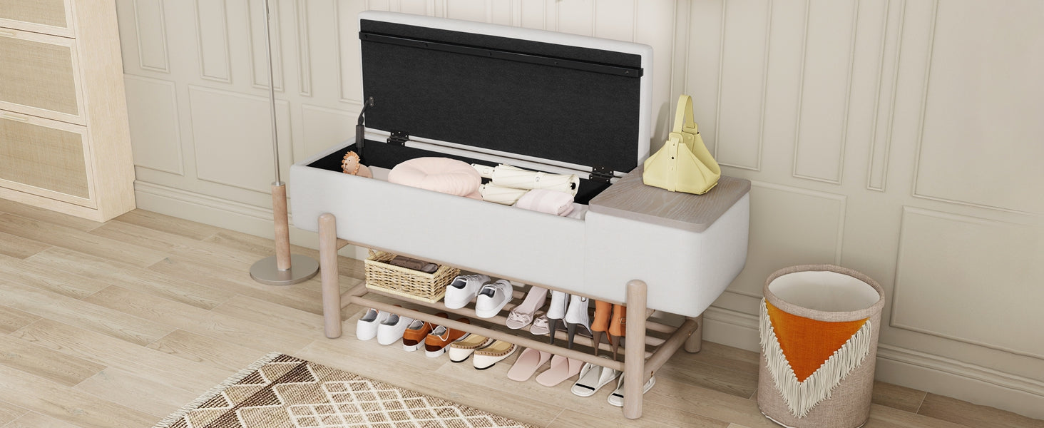 TREXM Farmhouse Upholstered Storage Bench with Hidden Compartment, Modern Entryway Bench for Living Room, Entryway, and Hallways (Natural)
