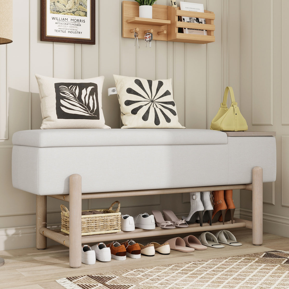 TREXM Farmhouse Upholstered Storage Bench with Hidden Compartment, Modern Entryway Bench for Living Room, Entryway, and Hallways (Natural)