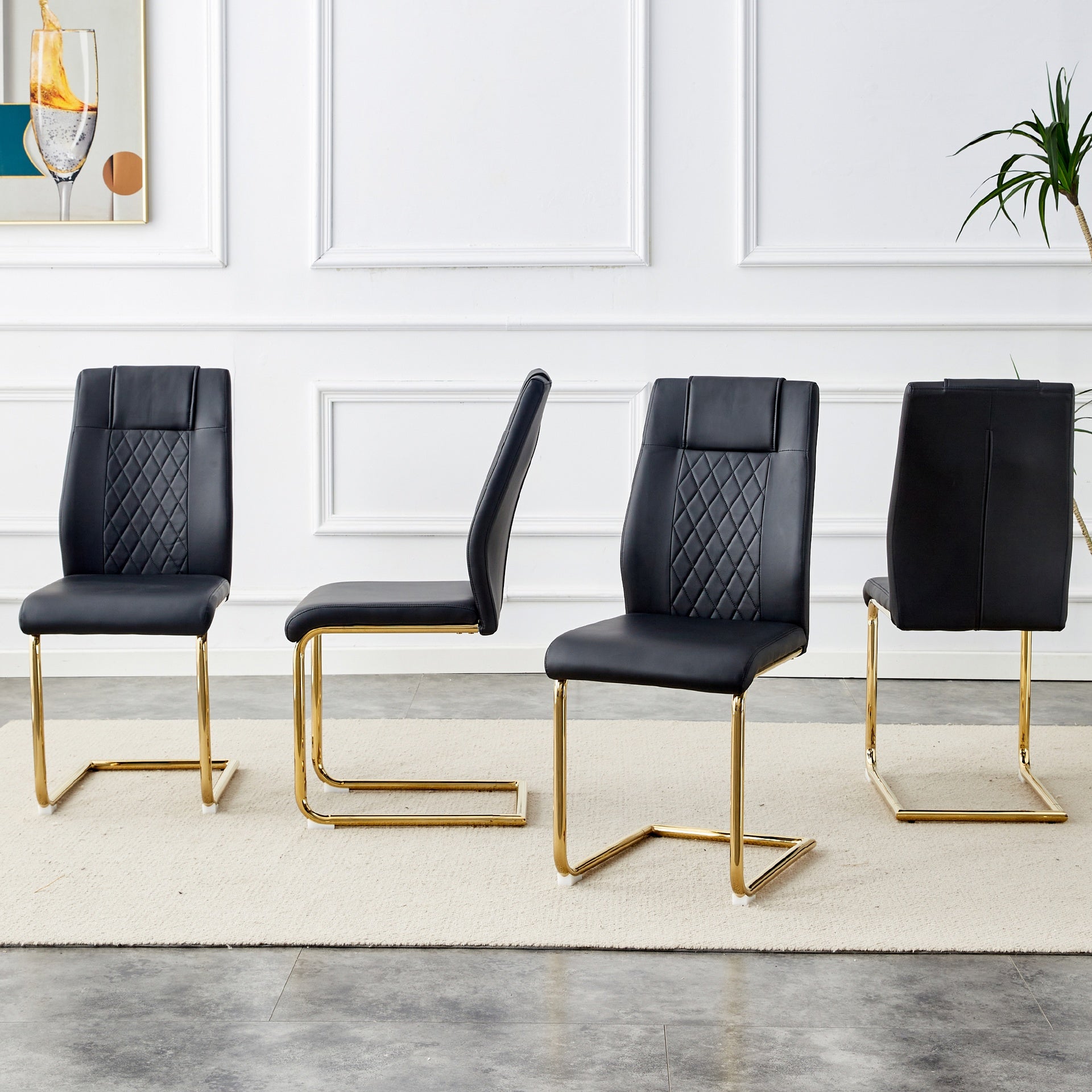 Modern dining chairs with faux leather padded seats, dining room chairs, gold metal leg upholstered chairs, suitable for kitchens, living rooms, bedrooms, and offices, set of 4 (black+PU leather)C-001