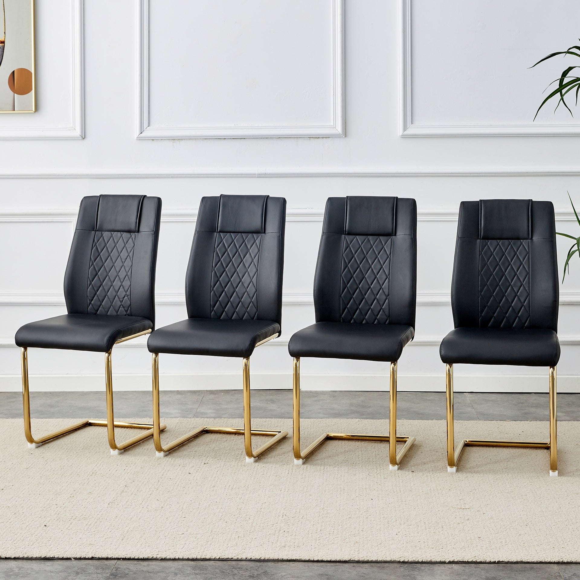 Modern dining chairs with faux leather padded seats, dining room chairs, gold metal leg upholstered chairs, suitable for kitchens, living rooms, bedrooms, and offices, set of 4 (black+PU leather)C-001
