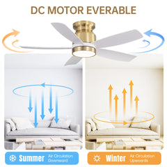 42 Inch Flush Mount Ceiling Fans with LED Light 22W and Remote Control 5 ABS Fan Blades for Indoor
