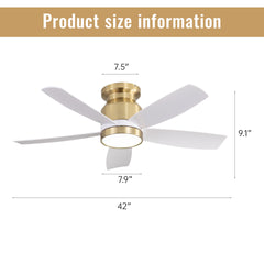 42 Inch Flush Mount Ceiling Fans with LED Light 22W and Remote Control 5 ABS Fan Blades for Indoor