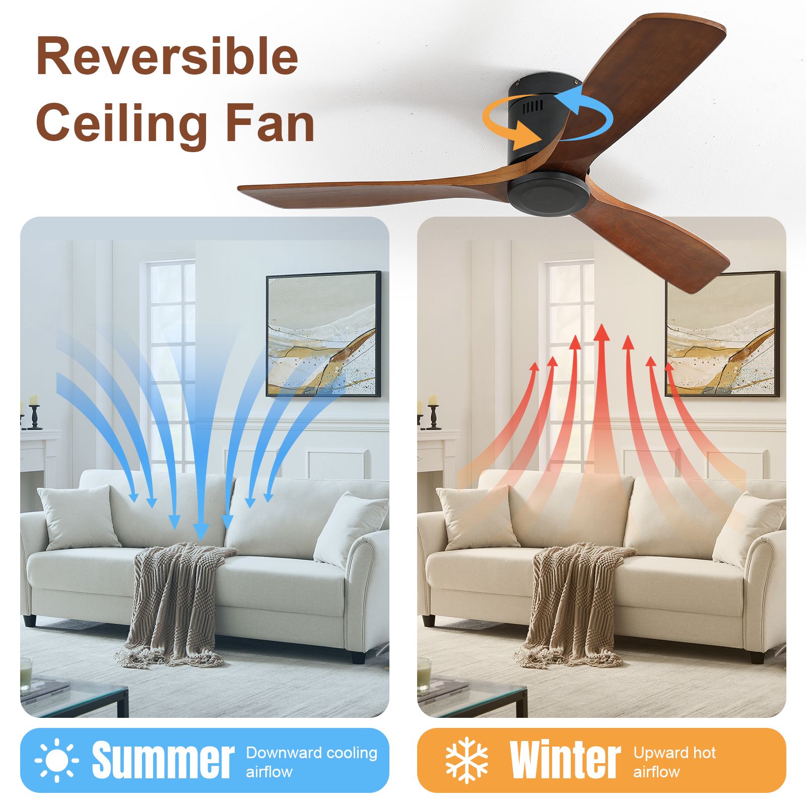 52 Inch Flush Mount Ceiling Fan DC 3 Wood Fan Blade Noiseless Reversible Motor Smart Remote Control Without Light