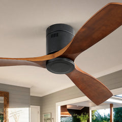 52 Inch Flush Mount Ceiling Fan DC 3 Wood Fan Blade Noiseless Reversible Motor Smart Remote Control Without Light