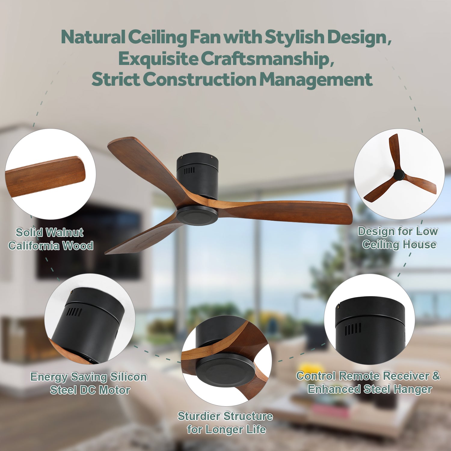 52 Inch Flush Mount Ceiling Fan DC 3 Wood Fan Blade Noiseless Reversible Motor Smart Remote Control Without Light