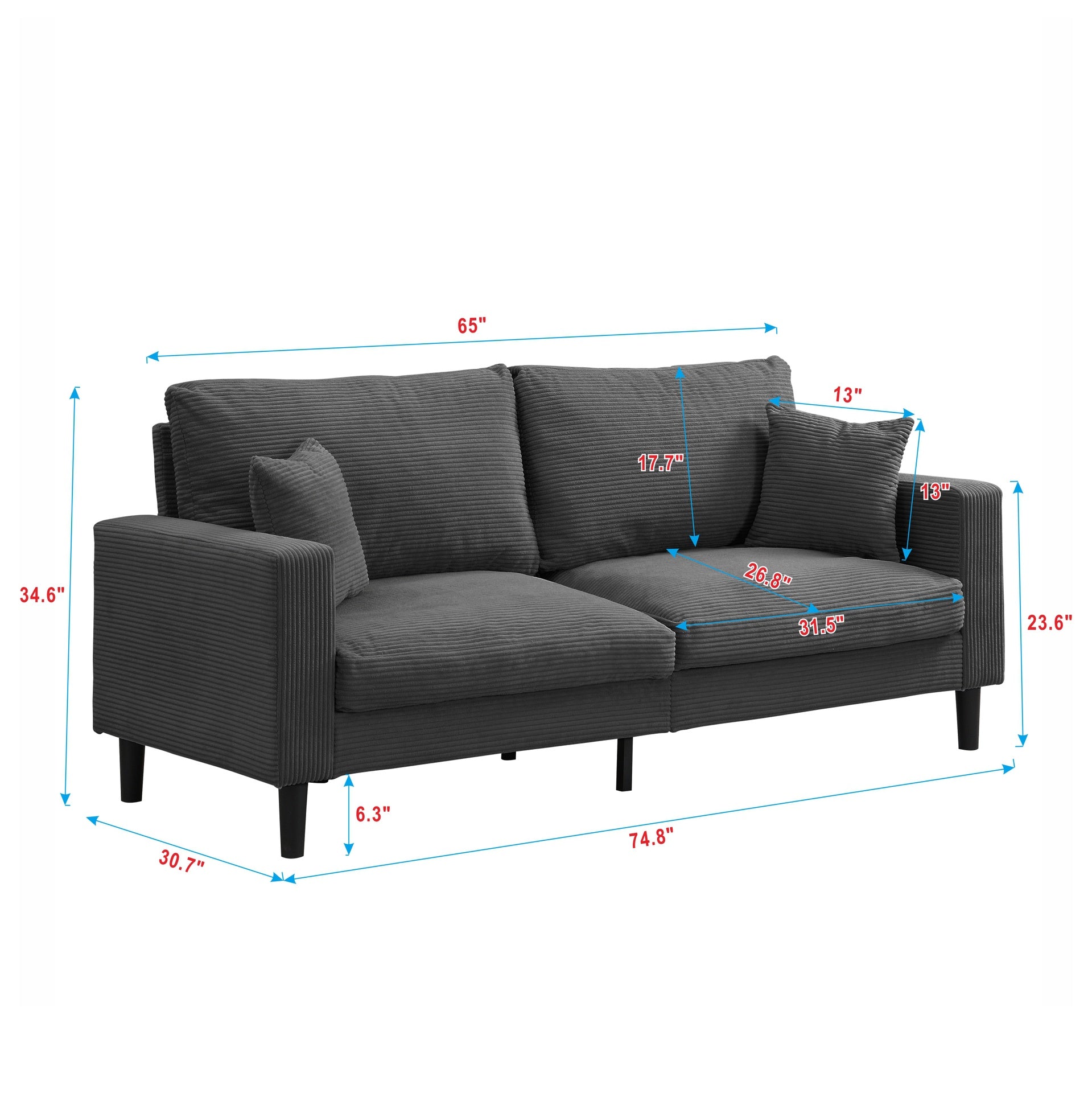 Two Piece Sofa Set,Living Room Three seater+Two seater,Comfy,Modern Upholstered Sofa,Living Room Bedroom Apartment Small Space,Corduroy,Dark grey