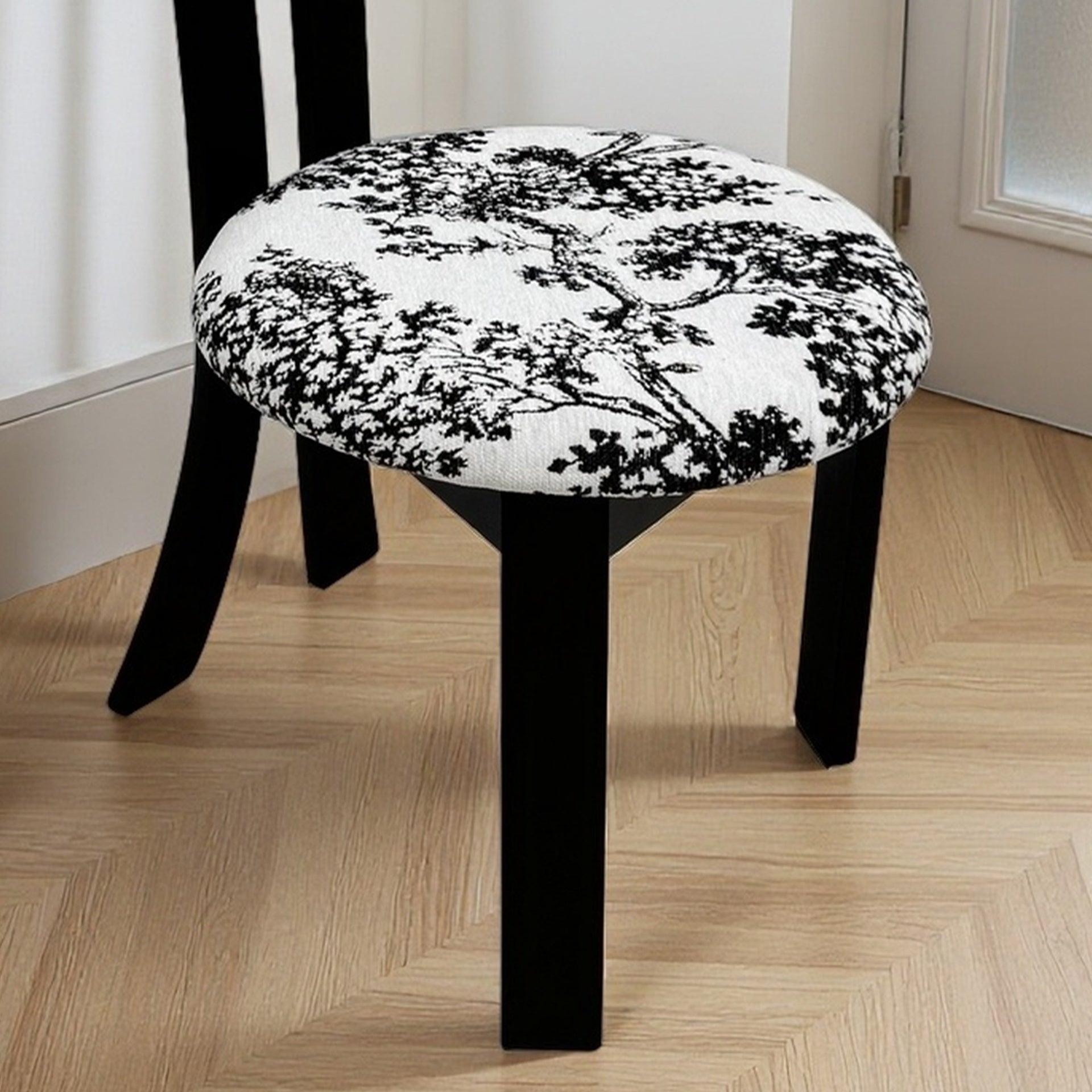 Dining Chairs Set of 2, Key-Design Home Chairs - Linen Upholstered Solid Wooden Dining Chairs with White Round Cushion & Distinctive Wood Grain Texture for Kitchen Dining Room(Black)