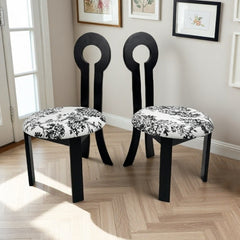Dining Chairs Set of 2, Key-Design Home Chairs - Linen Upholstered Solid Wooden Dining Chairs with White Round Cushion & Distinctive Wood Grain Texture for Kitchen Dining Room(Black)