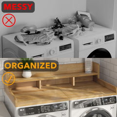 Washer Dryer Countertop with Non-slip Pads, Laundry Wood Shelf Topper with Edge, 54" Width x 27.5" Depth Double Layer Organizer for Washer and Dryer Laundry Hamper Counter Storage (Natural Color)